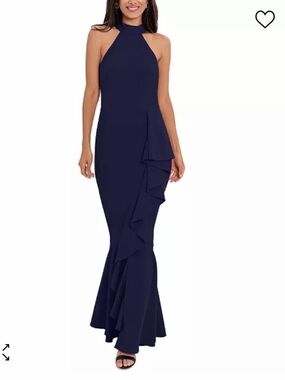 Betsy & Adam Ruffle Halter Gown in Navy